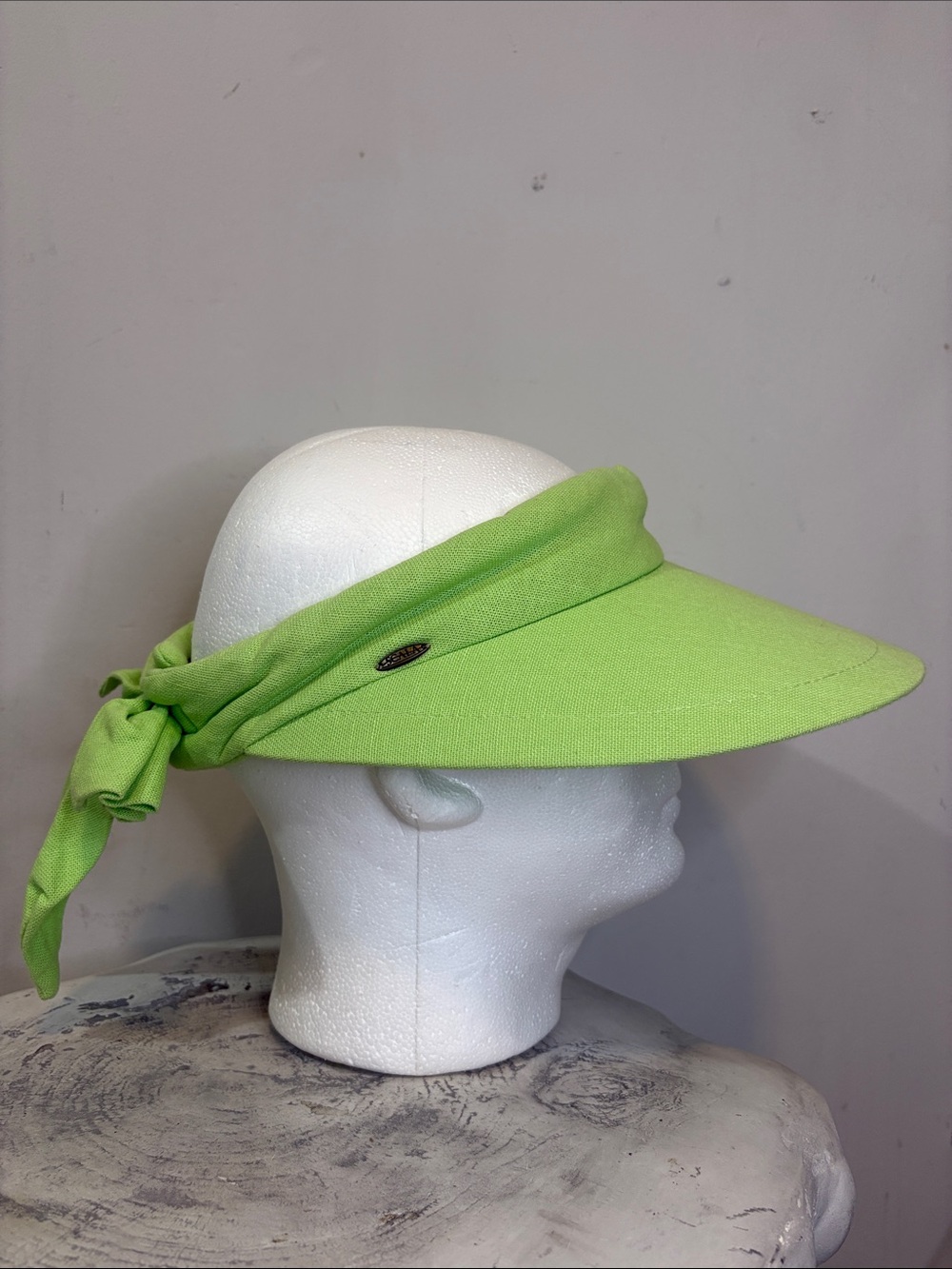 Scala Lime Green Cotton Large Bow Back Oversized Brim Visor Citrus Velcro Strap